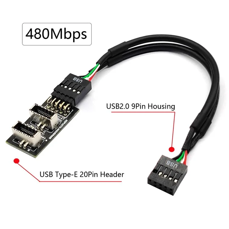 UC-022 Dual USB 3.1 Panneau Avant Key-A Type-E à USB 2.0 9pin 10pin En-tête de Panne