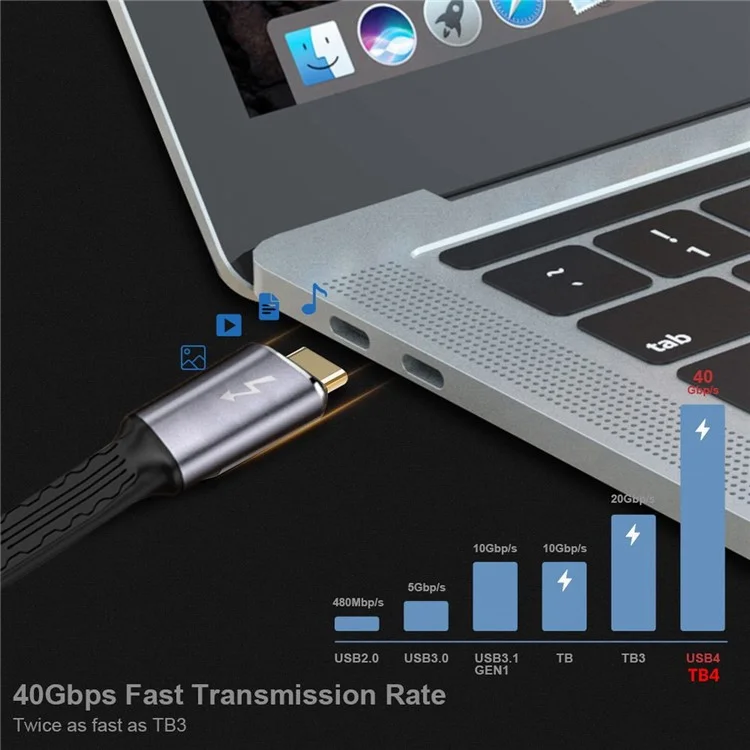 TB-005-0.22M ThunderBolt4 Flat Slim Cable 40Gbps 5A 100W Fast Charging Speed Supports 8K 60Hz 5K 60Hz Video Output
