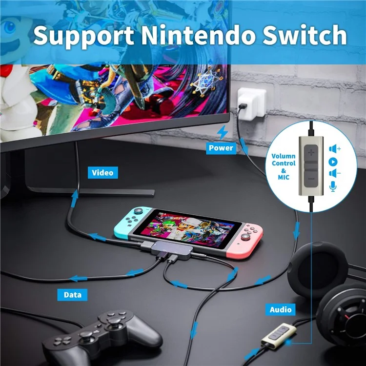 TC041 4-em-1 Adaptador USB C Hub C Para HD Saída de Vídeo+usb 3.0+PD 60W Porta Usb-c+porta de Áudio de 3,5 mm