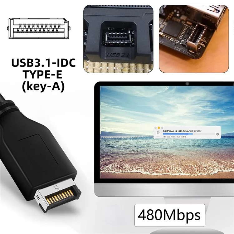 U2-128 + Uc-022 Dual USB 3.1 Panel Frontal Socket Key-A Type-E a USB 2.0 Tipo-a + Adaptador de Extensión de Cable de 9pin