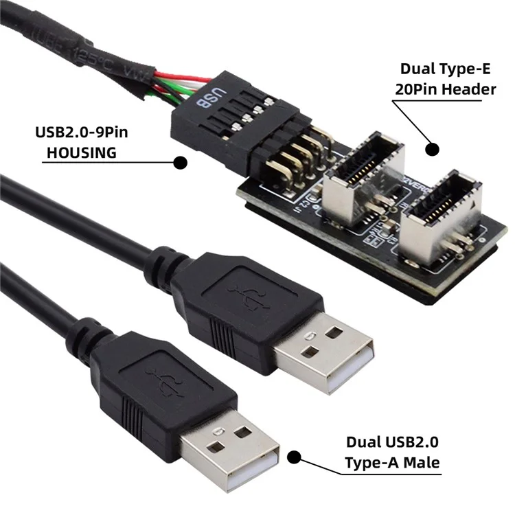 U2-128 + Uc-022 Dual USB 3.1 Panneau Avant Key-A Type-E à USB 2.0 Type-A + 9pin Cable Extension du Câble