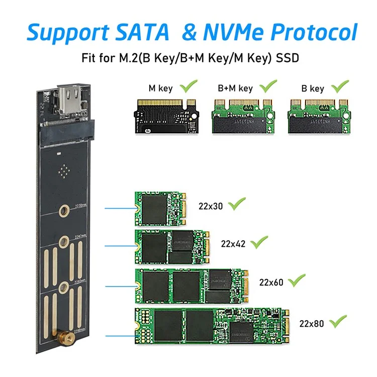 Алюминиевый корпус для M.2 NVME / SATA-накопителей, поддерживает двойной протокол и UASP - серо-серебристый