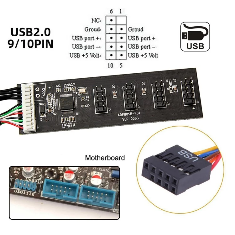 U2-053 USB 2.0 9pin Header 1 to 4 Female Splitter Extension Cable Connector Adapter HUB with IDE 5V Power Supply