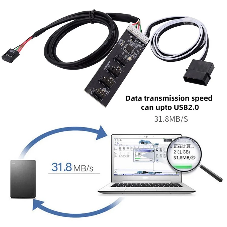 U2-053 USB 2.0 9pin Header 1 to 4 Female Splitter Extension Cable Connector Adapter HUB with IDE 5V Power Supply
