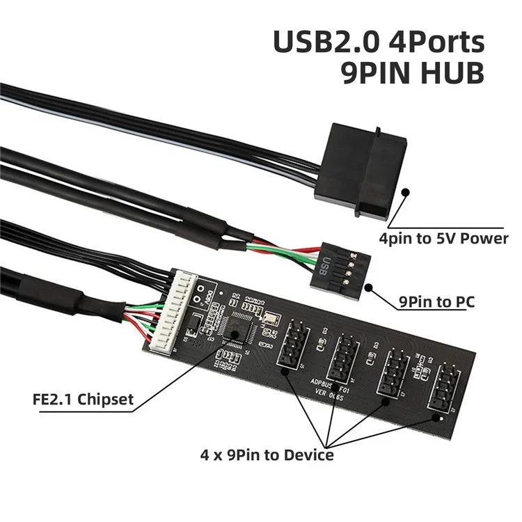 U2-053 USB 2.0 9pin Header 1 to 4 Female Splitter Extension Cable Connector Adapter HUB with IDE 5V Power Supply