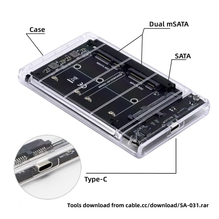 SA-049+UC-079-WH MSATA Mini-sata SSD SSD Jobd Raid0 Span Bridge to USB3.0 Tipo c USB-C 2,5 Polegadas SATA Combo Gabinete