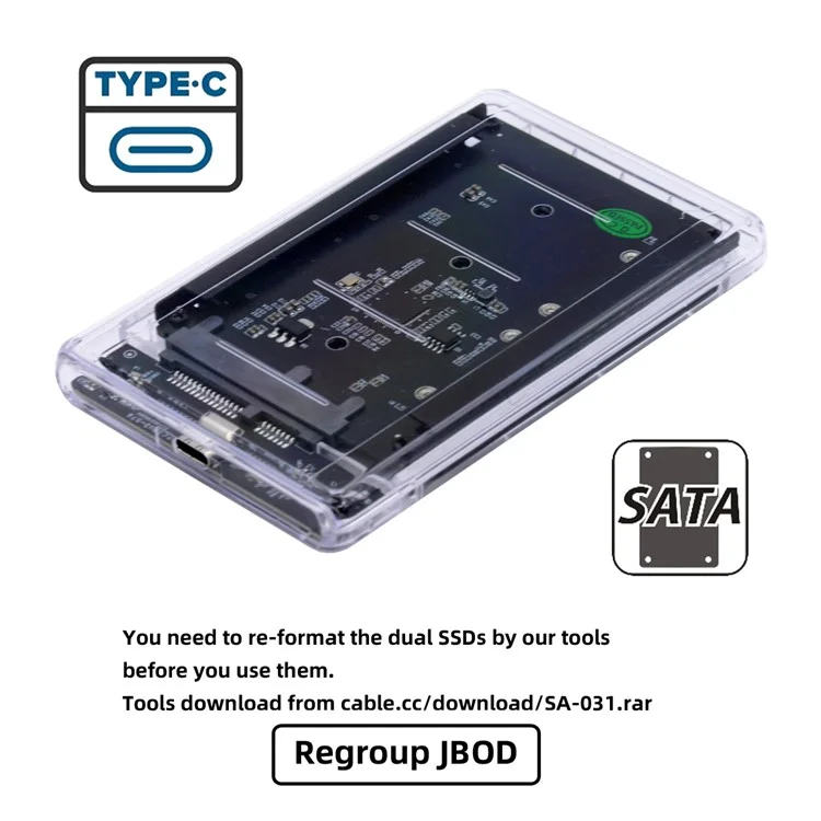 SA-049+UC-079-WH Dual MSATA Mini-SATA SSD Card JOBD Raid0 Span Bridge to USB3.0 Type-C USB-C 2.5-inch SATA Combo Enclosure