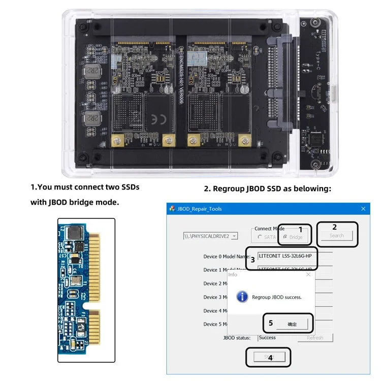 SA-049+UC-079-WH Dual MSATA Mini-sata SSD Jobd Raid0 Span Bridge a USB3.0 Tipo-c USB-C 2.5 Pulgadas Combo Combo Combo Closure