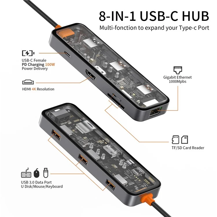 WIWU CB008 Metal Tempered Glass Transparent Type-C Hub Adapter 8-in-1 Multi-Port USB-C Docking Station Converter Support HD 4K, PD 100W, Gigabit, TF Card Reader