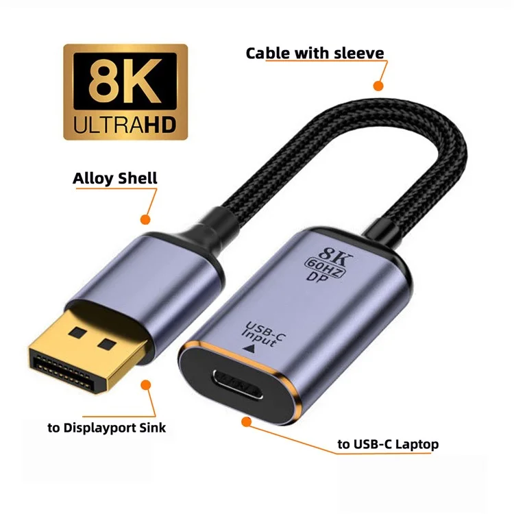 UC-038-D8K USB-C Type C Female to Displayport Converter HDTV Adapter Cable 8K / 60hz 4K / 120hz for Tablet Phone Laptop