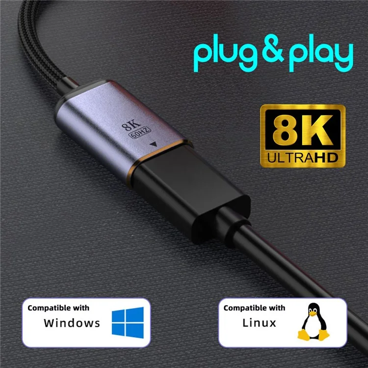 UC-038-D8K USB-C Type C Female to Displayport Converter HDTV Adapter Cable 8K / 60hz 4K / 120hz for Tablet Phone Laptop