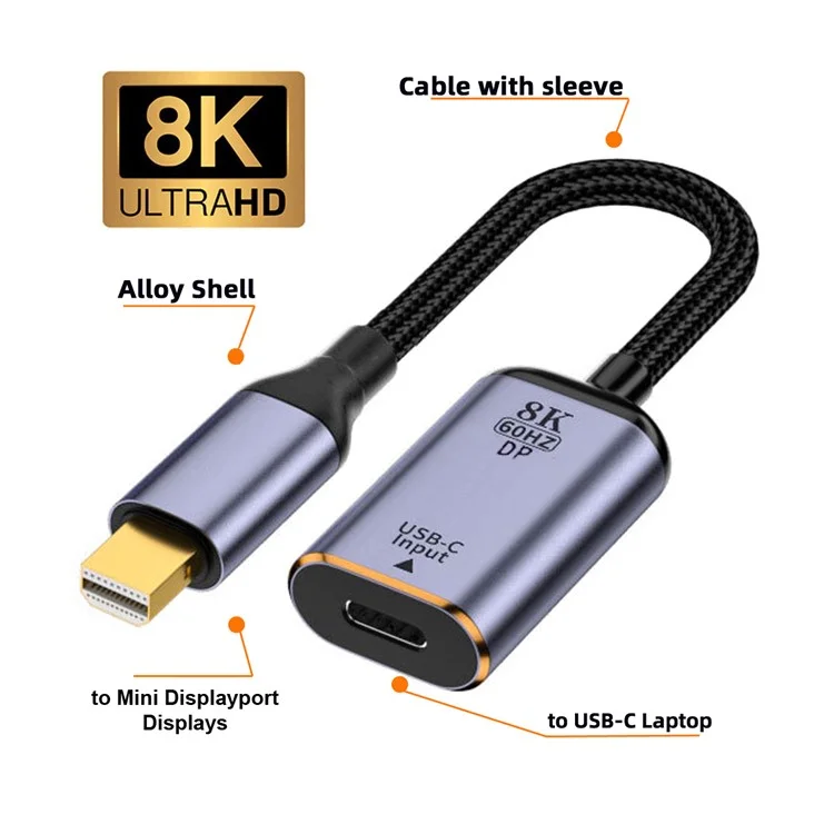 UC-038-M8K Type C Female to Mini Displayport Sink Adapter HDTV Cable 8K / 60Hz 4K / 120Hz for Tablet Phone Laptop