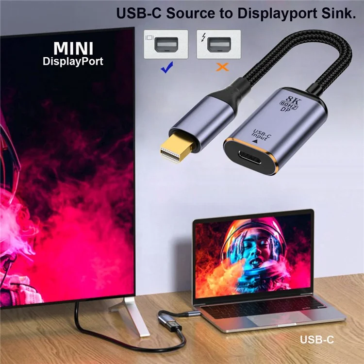 UC-038-M8K Type C Female to Mini Displayport Sink Adapter HDTV Cable 8K / 60Hz 4K / 120Hz for Tablet Phone Laptop