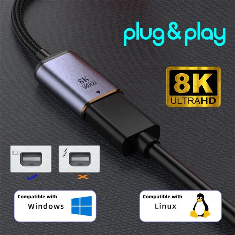 UC-038-M8K Type C Female to Mini Displayport Sink Adapter HDTV Cable 8K / 60Hz 4K / 120Hz for Tablet Phone Laptop