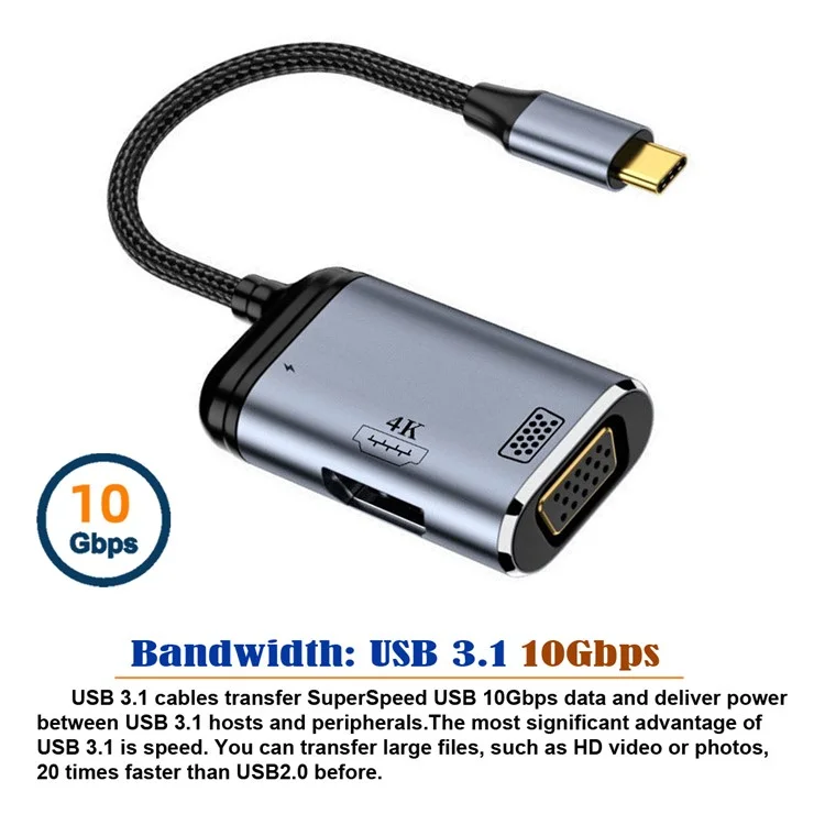 UC-027-Y001 USB-C Type C to HD VGA Converter Adapter 4K 60Hz 1080P with Female PD Power Port