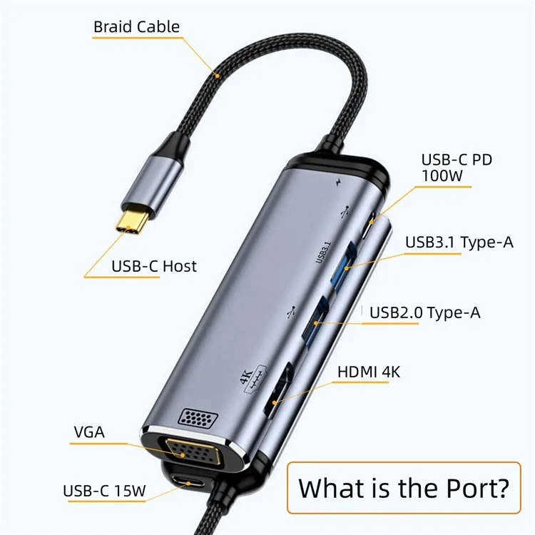 UC-027-Y002 USB-C Type C to HD VGA Dual USB 3.0 HUB Converter HDTV Adapter 4K 60Hz 1080P with Female PD Power Port