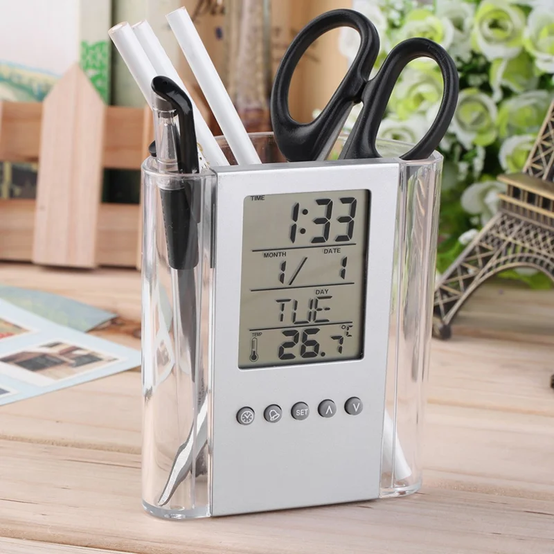 Multifunction Transparent Electronic Perpetual Calendar Pen Holder Time Temperature Display Desktop Storage Bucket