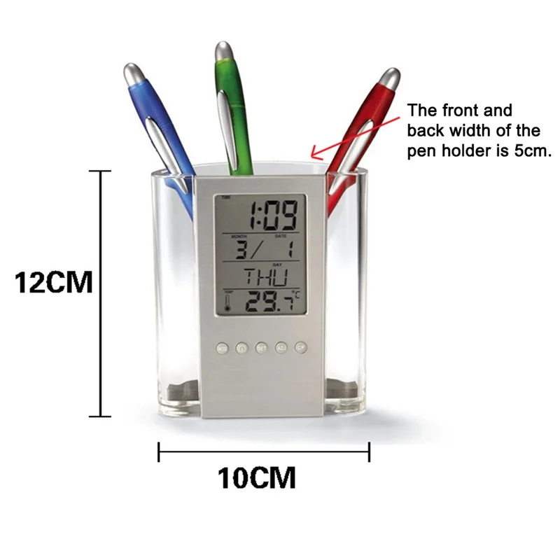 Multifunction Transparent Electronic Perpetual Calendar Pen Holder Time Temperature Display Desktop Storage Bucket