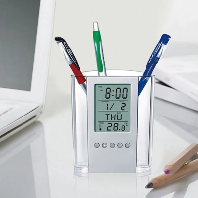 Multifunction Transparent Electronic Perpetual Calendar Pen Holder Time Temperature Display Desktop Storage Bucket