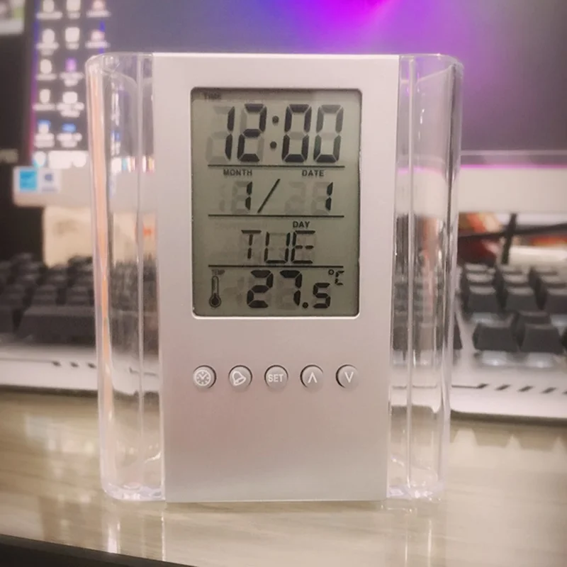 Multifunction Transparent Electronic Perpetual Calendar Pen Holder Time Temperature Display Desktop Storage Bucket