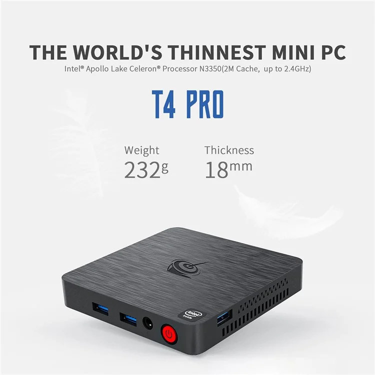 T4 Pro N3350 4G+64G Mini PC 4K Display Ultra-Thin Desktop Mini Computer for Office, Gaming - EU Plug