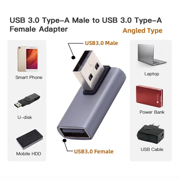 U3-018-RI 10Gbps USB3.0 Male to Female Extension Power Data Video Adapter, Low Profile 90 Degree Right Angled Type