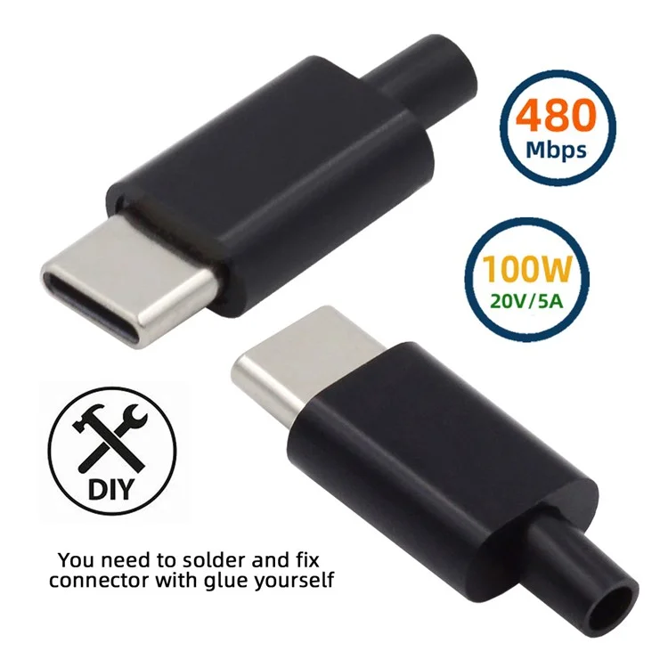 CN-004 2 unidades / Juego de conector tipo C de 24 clavijas Conector USB-C macho PD 100 W USB2.0 Conector de datos con cubierta de la carcasa