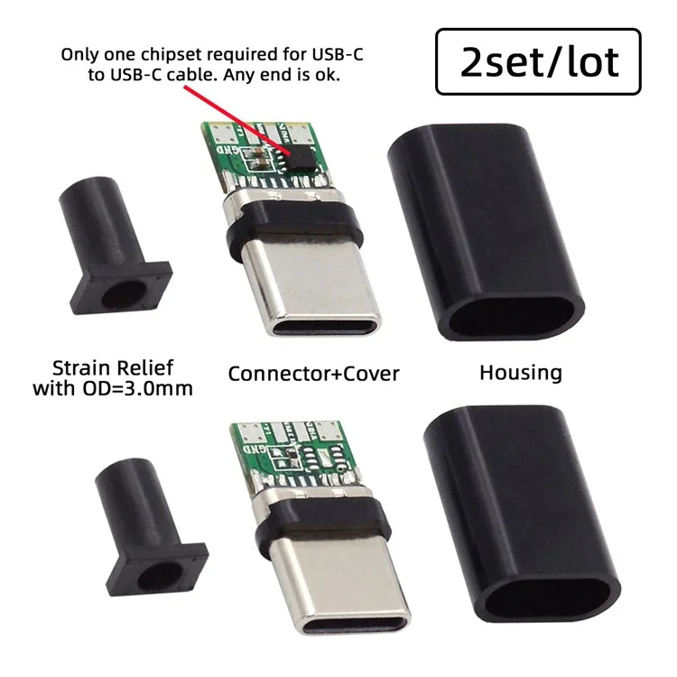 CN-004 2Pcs / Set Type-C 24Pin Connector Plug USB-C Male PD 100W USB2.0 Data Connector with Housing Cover