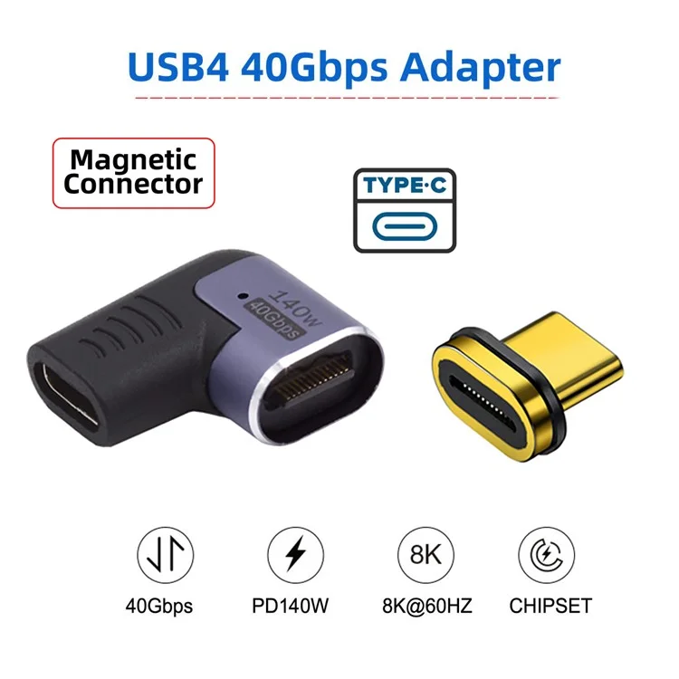 UC-062-RI 40Gbps USB4 Magnetic Type C Male to Female Left Right Angled 140W Power Data 8K Video Adapter for Laptop Phone