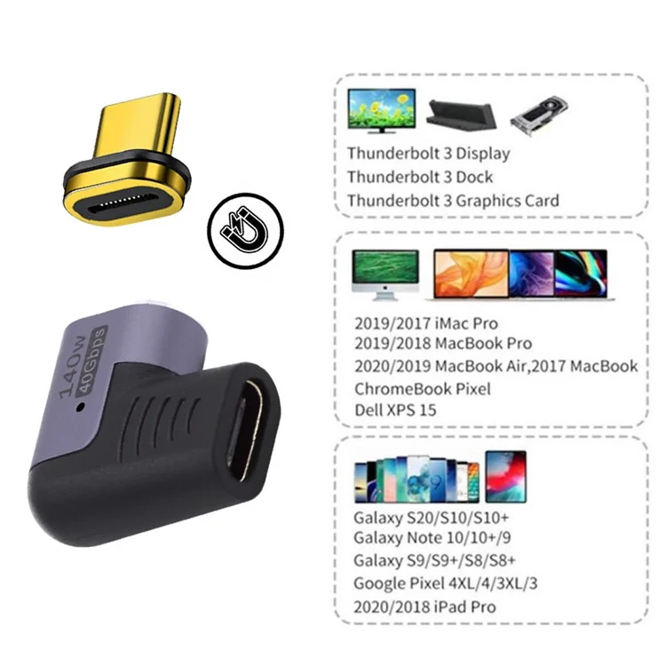 UC-062-RI 40Gbps USB4 Magnetic Type C Male to Female Left Right Angled 140W Power Data 8K Video Adapter for Laptop Phone