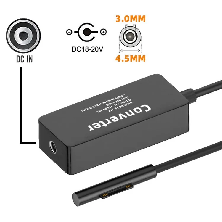 PW-016-4530MM DC 4.5X3.0mm Jack 65W 20V 15V-24V to Surface Pro 3 / 4 / 5 / 6 / 7 / 8 / 9 Charger, Magnetic Charging Converter