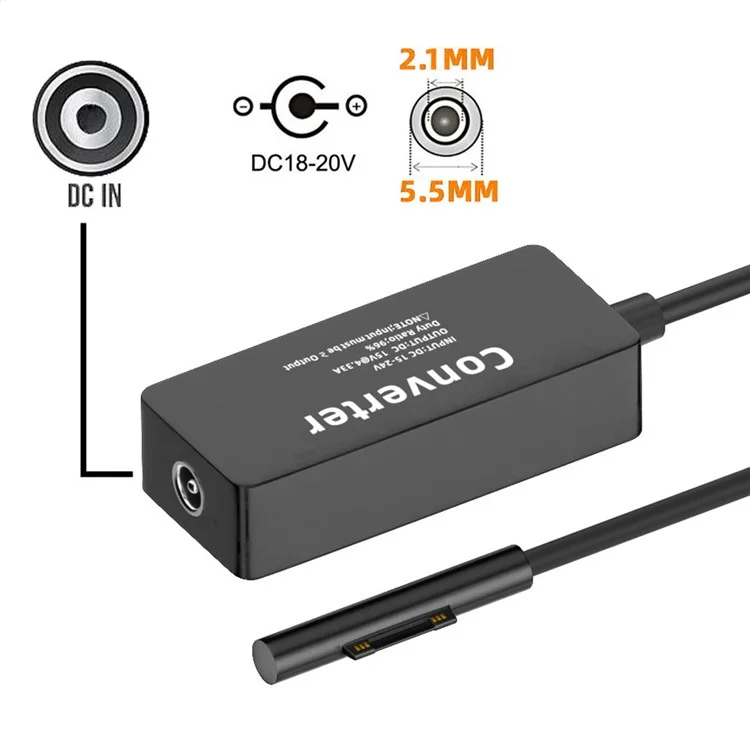 Adaptador de Energia de 65W 20V Power Adapter 15V-24V para Surface Pro 3 / 4 / 5 / 6 / 7 / 8 / 9 Carregador Conversor
