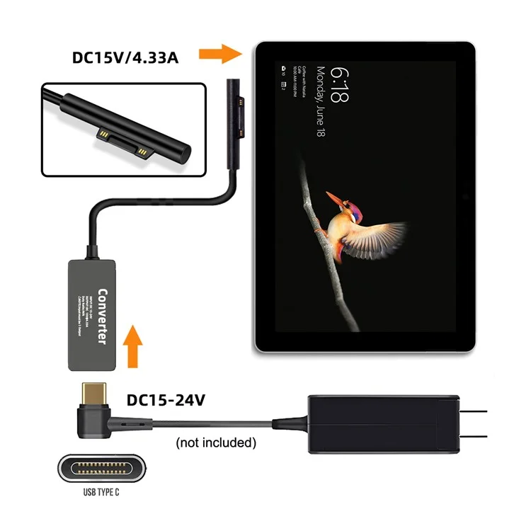 PW-016-TYPECF Tipo-C USB-C Hembra 65W DC 15V a Surface Pro 3 / 4 / 5 / 6 / 7 / 8 / 9 Cargador de Alimentación Convertidor