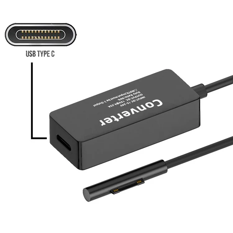 PW-016-TYPECF Tipo-C USB-C Hembra 65W DC 15V a Surface Pro 3 / 4 / 5 / 6 / 7 / 8 / 9 Cargador de Alimentación Convertidor