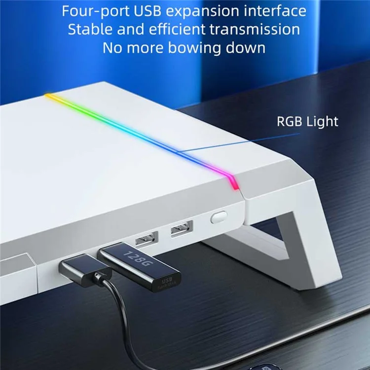 T1 RGB Light Desktop Computer Monitor Stand Monitor Base Riser Bracket with 4 USB2.0 Ports - Black