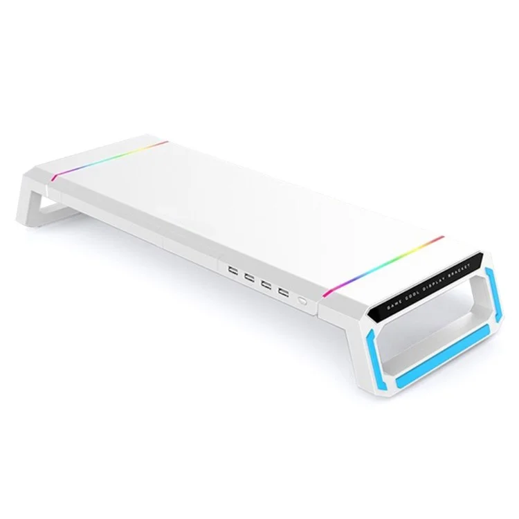 T1 RGB Light Desktop Computer Monitor Stand Monitor Base Riser Bracket with 4 USB2.0 Ports - White