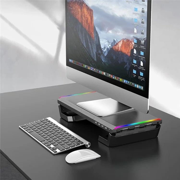 T1 RGB Light Desktop Computer Monitor Stand Monitor Base Riser Bracket with 4 USB2.0 Ports - White