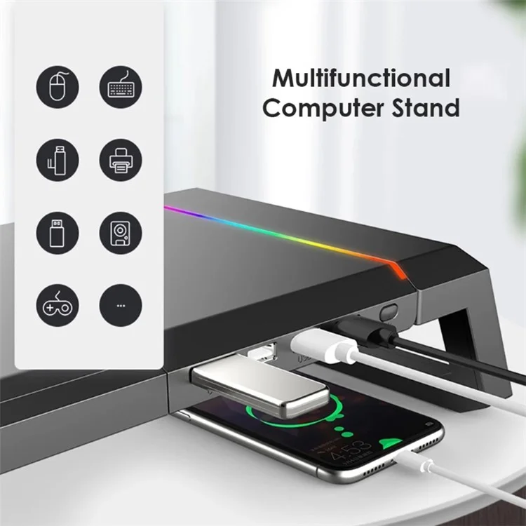 T1 RGB Light Desktop Computer Monitor Stand Monitor Base Riser Bracket with 4 USB2.0 Ports - White