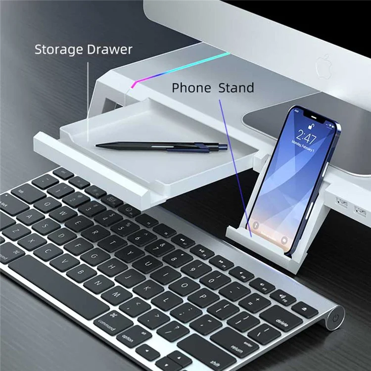 T1 RGB Light Desktop Computer Monitor Stand Monitor Base Riser Bracket with 4 USB2.0 Ports - White