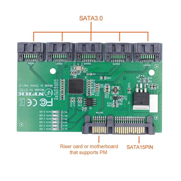 SA-054 SATA 3.0 6Gbps 1 to 5 Splitter Ports HUB Adapter Converter PM Multiplier Port Selector JMB575