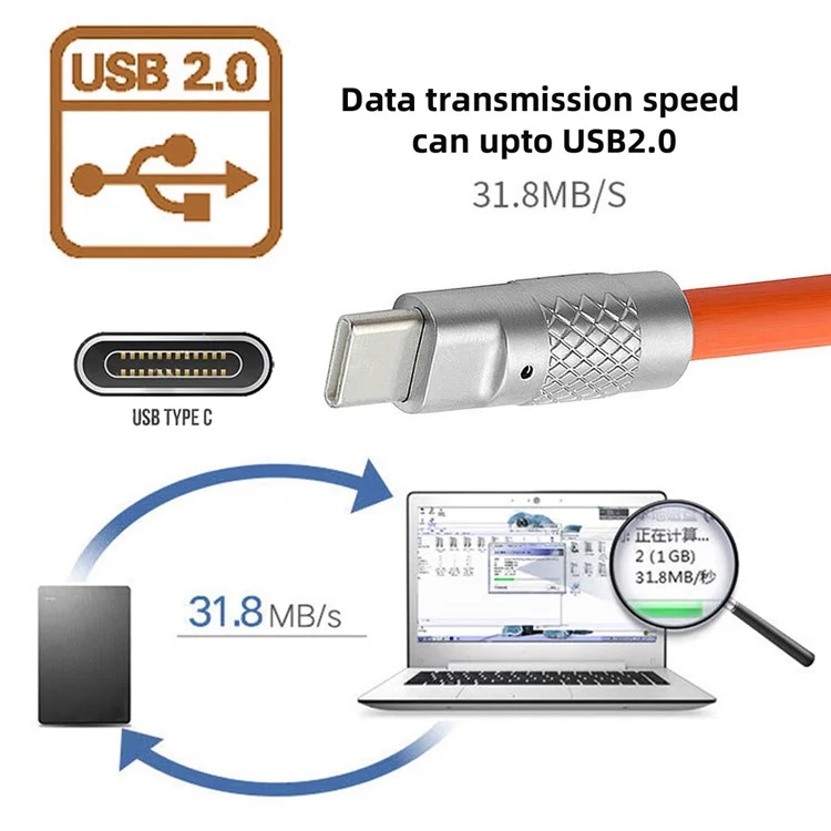 UC-003-0R-1.0M 1m USB Типа C до USB-C Жидкий Силиконовый Силиконовый Ультрафт-soft 120 вт Кабель Быстрого Зарядки - Апельсин