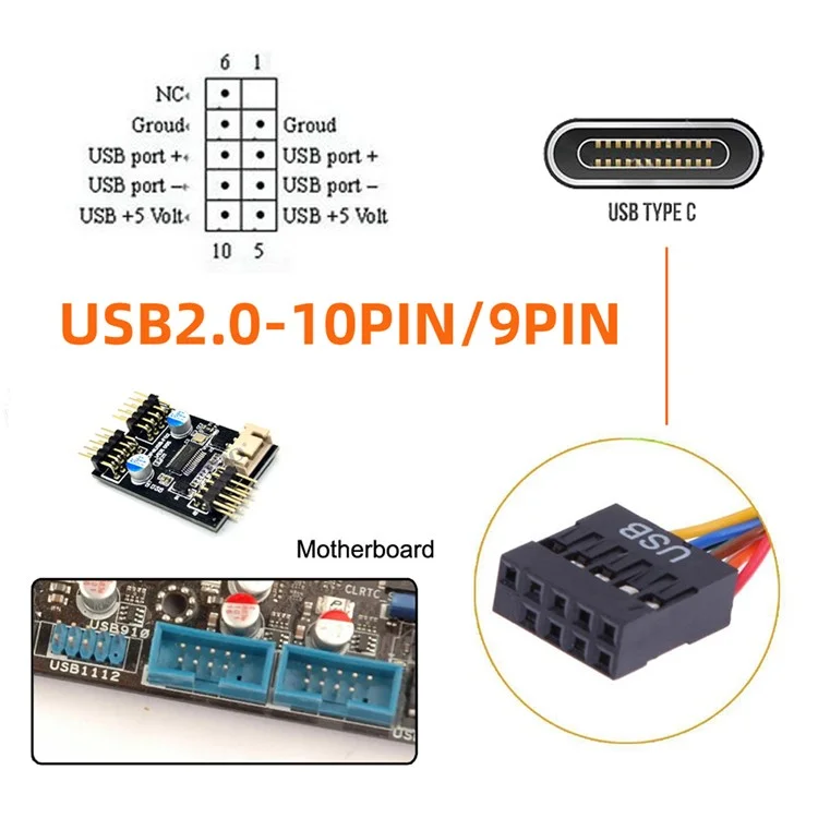 UC-138 Port Unique USB 3.1 Type C USB-C Femelle USB 2.0 Motherboard 9pin 10pin En-tête Câble