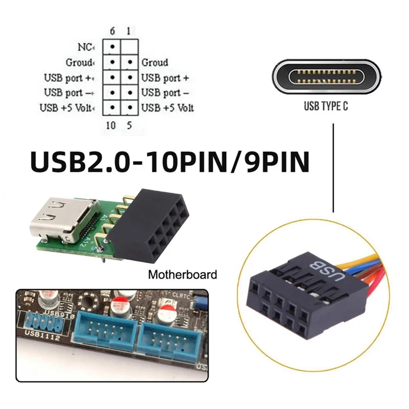 UC-141-TC001 Single Port Type-C 3.1 Female to USB 2.0 Motherboard 9Pin 10Pin Adapter PCBA 480Mbps