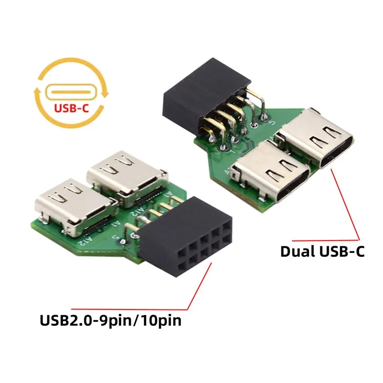 UC-141-TC002 Dual Port Type-C 3.1 Female to USB 2.0 Motherboard 9Pin 10Pin Adapter PCBA 480Mbps