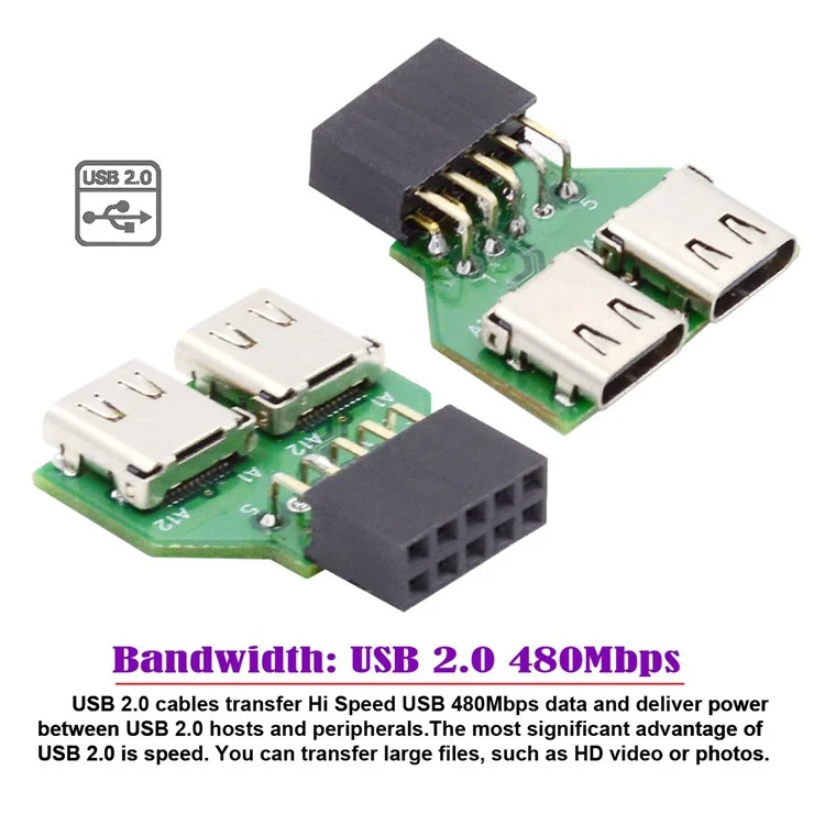 UC-141-TC002 Dual Port Type-C 3.1 Female to USB 2.0 Motherboard 9Pin 10Pin Adapter PCBA 480Mbps