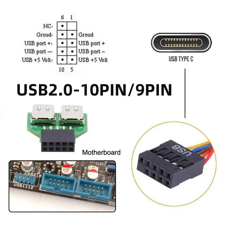 UC-141-TC002 Dual Port Type-C 3.1 Female to USB 2.0 Motherboard 9Pin 10Pin Adapter PCBA 480Mbps