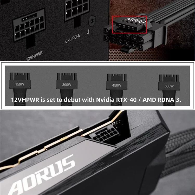 PW-036-DN 12VHPWR ATX3.0 PCI-E 5.0 16 broches 12P+4P Adaptateur Mâle vers Femelle Coudé 360 Degrés pour Carte Graphique 4080 5090TI
