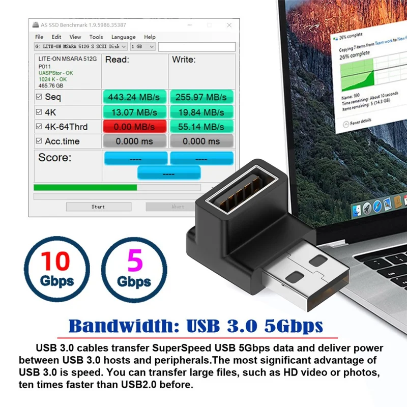 U3-018-DN 10Gbps USB3.0 Male to USB3.0 Female Adapter 90 Degree Angled Type Video Adapter