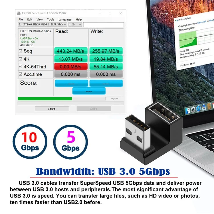U3-018-OU Adaptateur USB3.0 mâle vers femelle 10 Gbps Rallonge Puissance Données Vidéo Forme en U Inverse Coudé