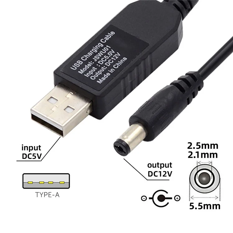 U2-051-5521MM 1m USB 2.0 Type-A DC5V to DC12V 5.5x2.1mm 5.5x2.5mm Voltage Riser Boost Converter Cable